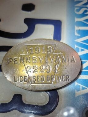 1913 Pennsylvania Vintage Licensed Driver Oval Token - Silver Tone Brass